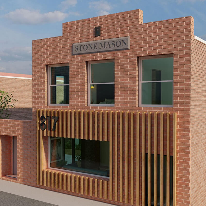 Front exterior rendering of new Stone Mason building project