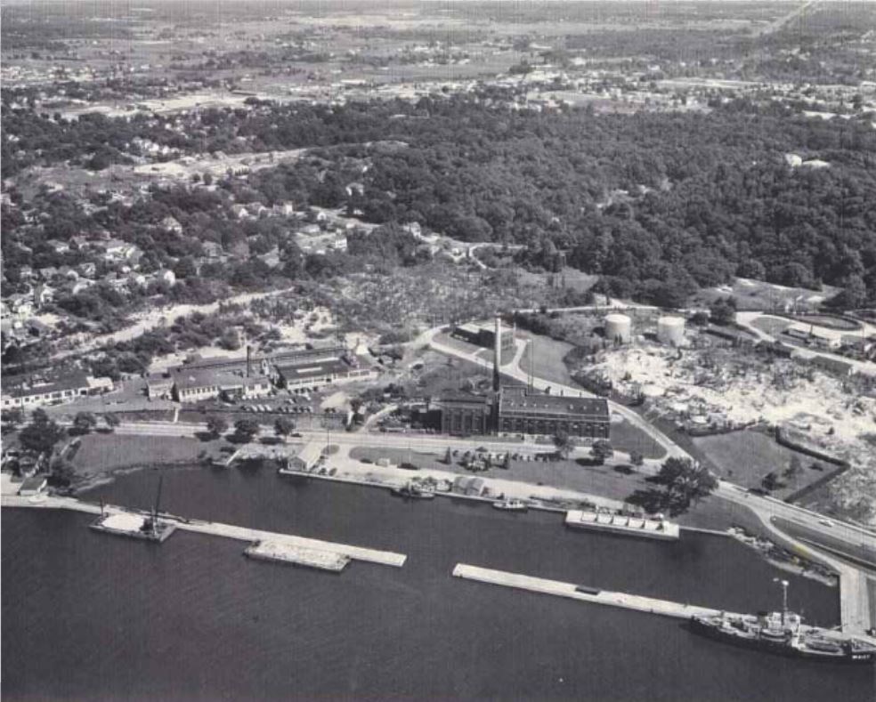 Aerial view of grand haven and the grand river off of harbor drive with the diesel plant in the distance