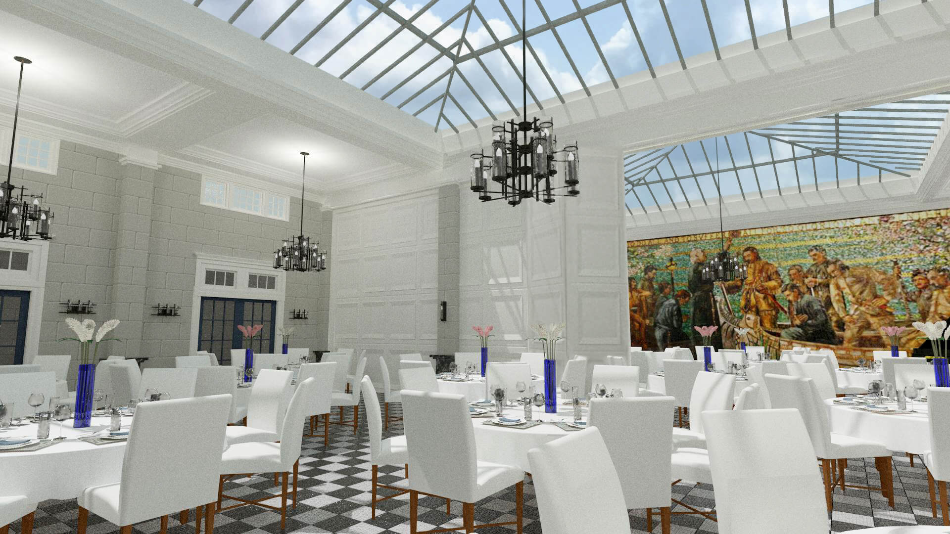 Rendering of new proposed ballroom within Kaskaskia hotel. Large atrium filled with light from skylight windows. White table clothes and chairs and colorful hand painted mural on wall