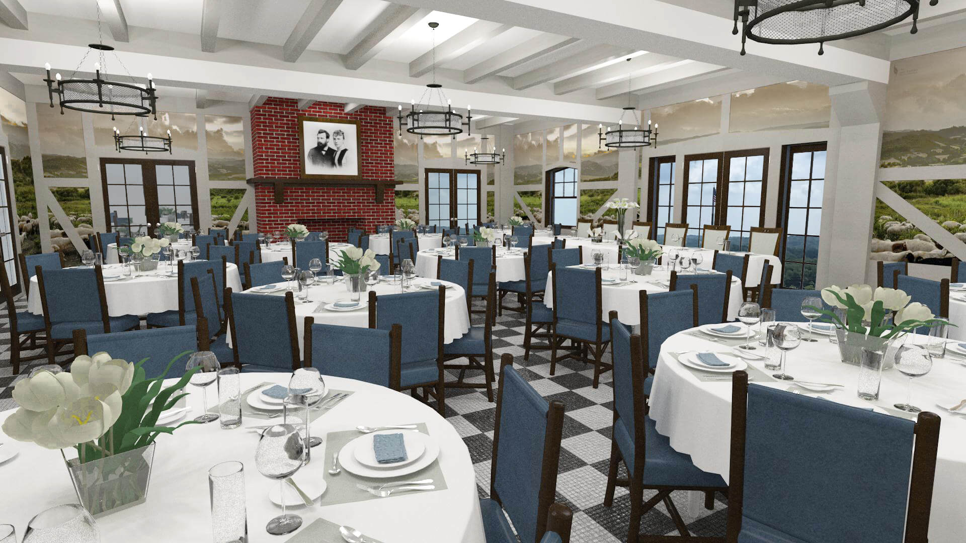 Rendering of new proposed club room within Kaskaskia hotel. Blue chairs, white table clothes and red brick fireplace