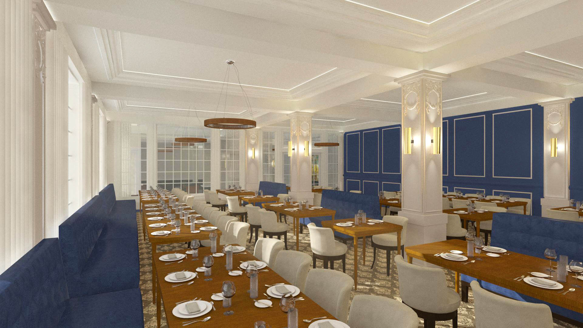 Rendering of new proposed dining room within Kaskaskia hotel. Blue bench seating with blue accent wall and brown wooden tables