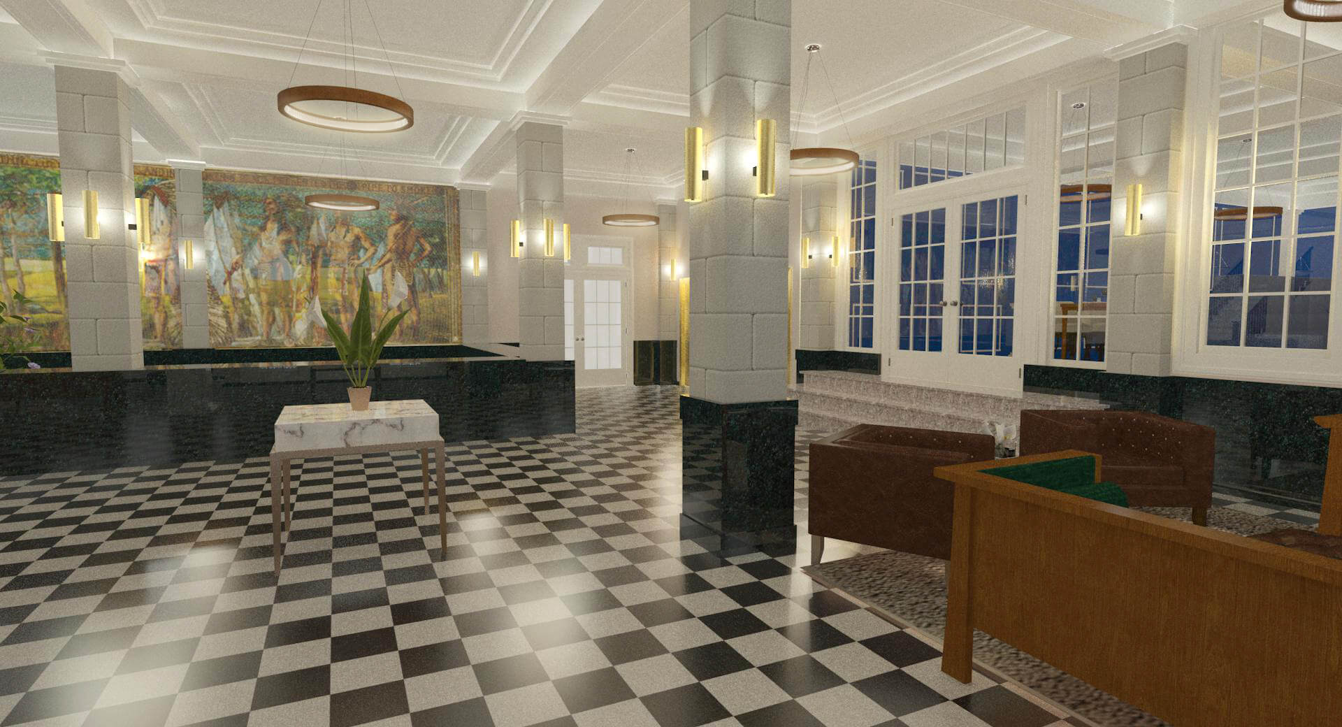 Rendering for new lobby of Kaskaskia hotel with checked floor and large painted mural behind lobby desk