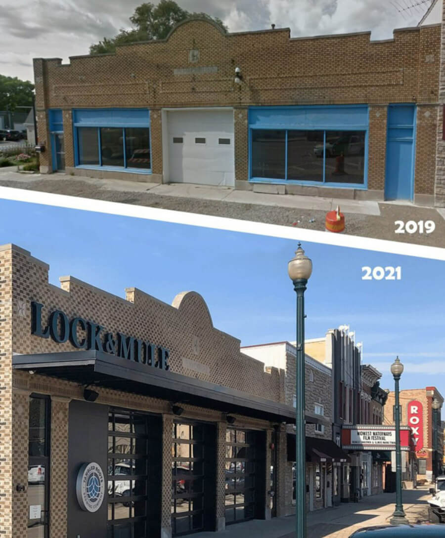 Comparison showing 2019 building to 2021 Lock and Mule completed renovation
