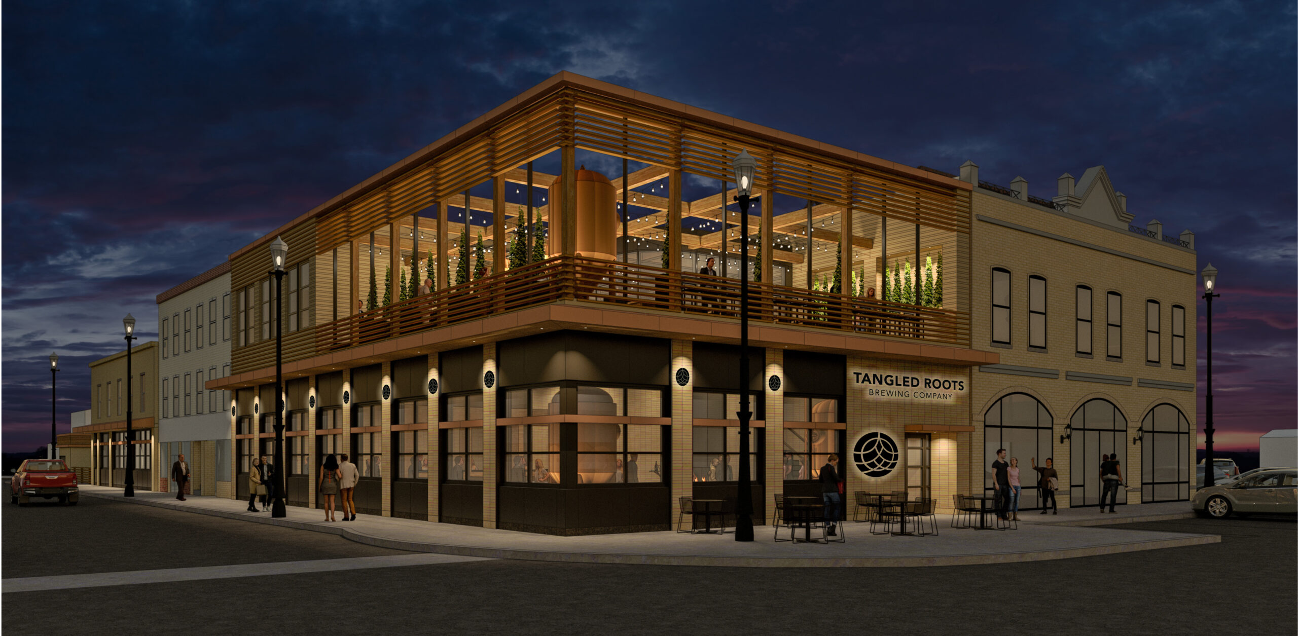 Exterior rendering of the brewpub on Washington Square at night. A two story brick building on the corner with a rooftop beer garden and outdoor street seating as well as cozy indoor seating next to large picture windows.