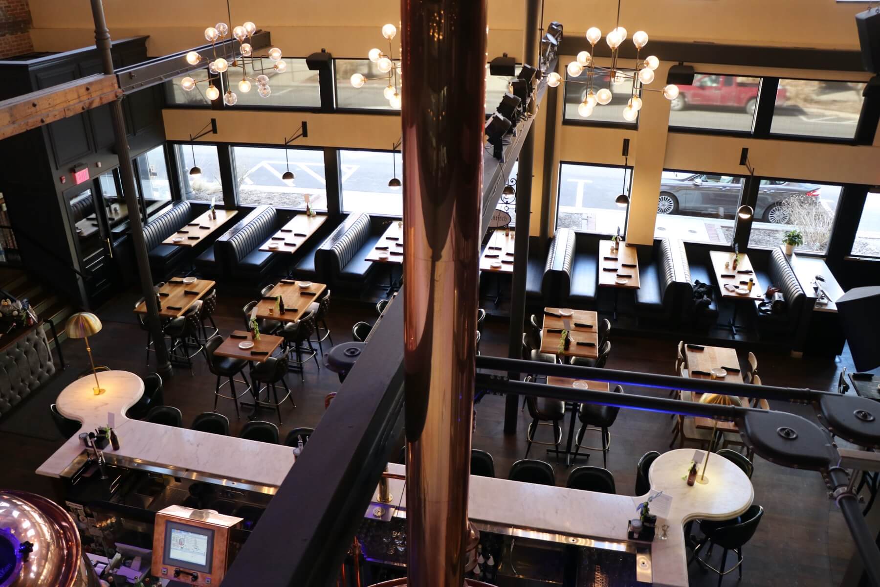 birds eye view of bar and dining area from the second floor of the lone buffalo
