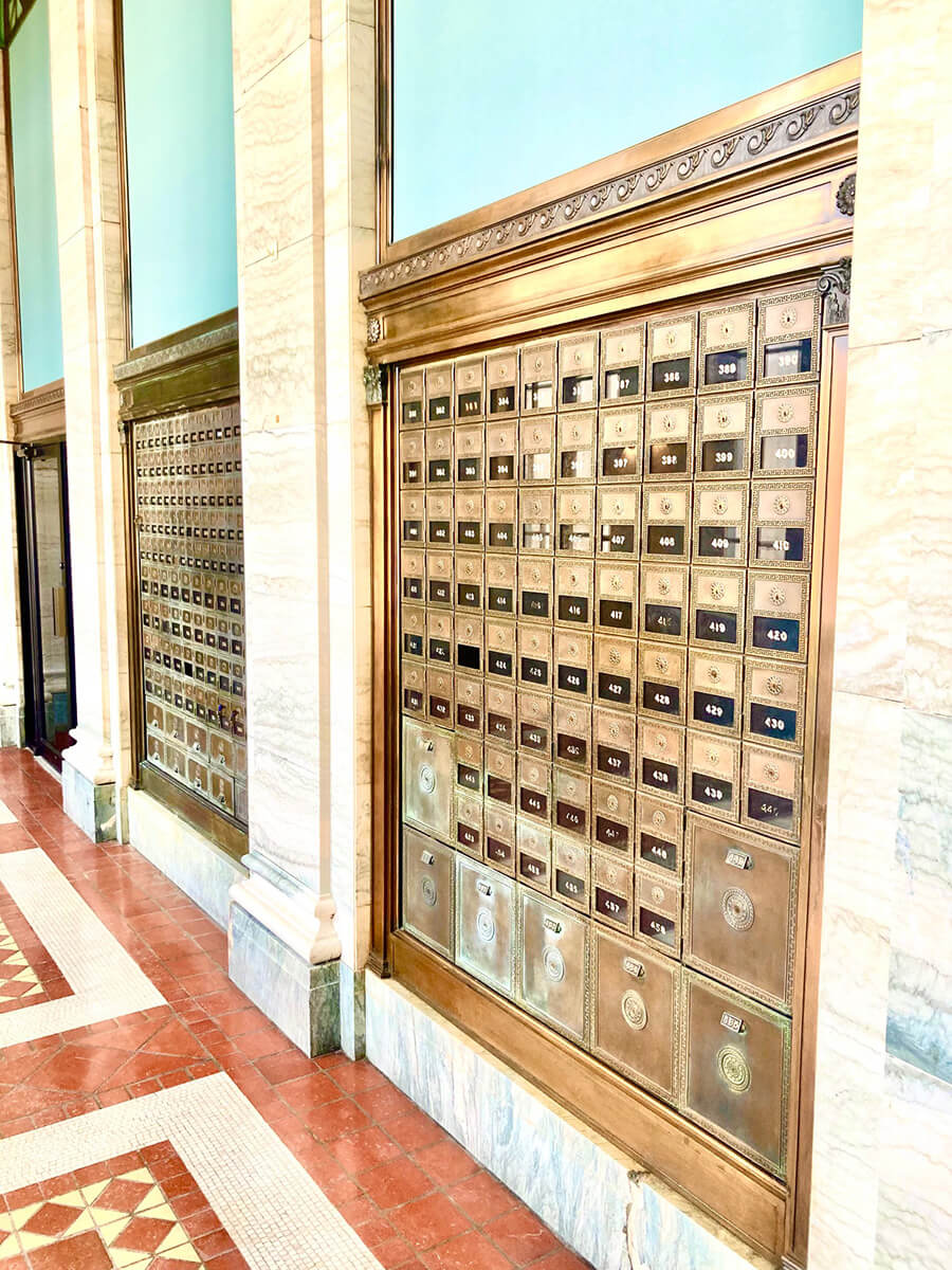 Old post office mailboxes in lobby