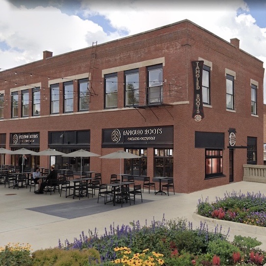 Rendering of a 3 story brick building for a Tangled Roots branded brewpub with outdoor dining on the plaza